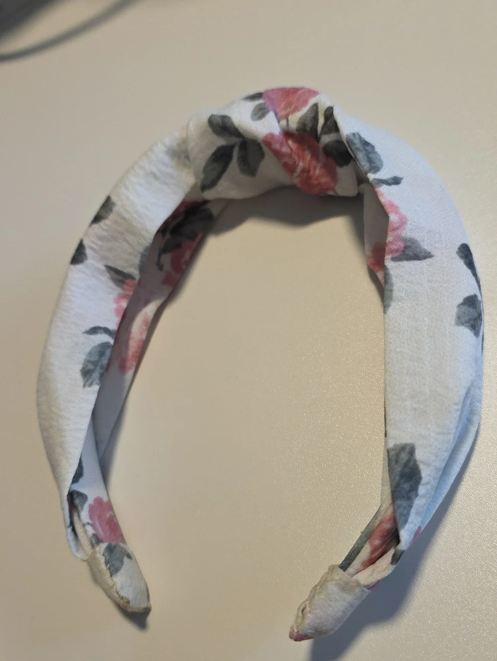 Floral Knot Top Headband — White with Pink & Gray Flowers